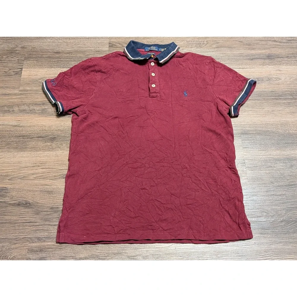Polo Ralph Lauren Custom Slim Fit Polo Shirt Mens Large Burgundy Red Navy Trim
